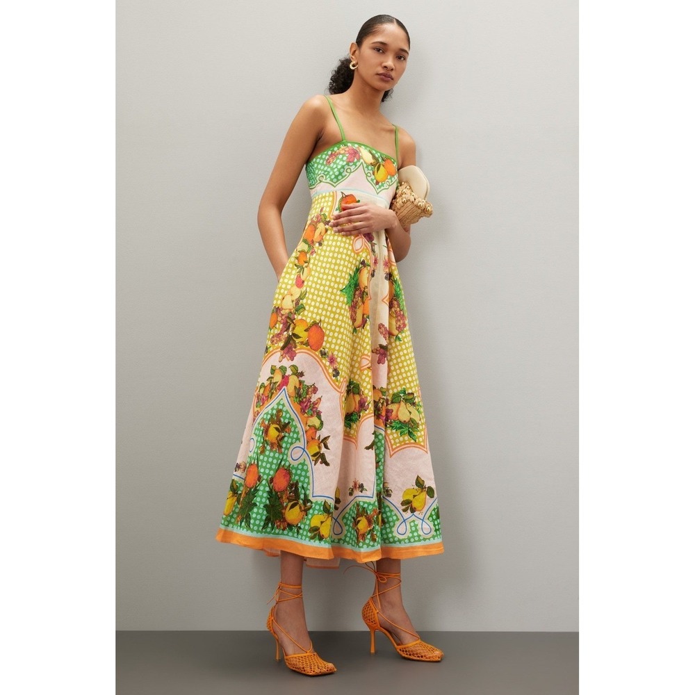 ALÉMAIS Alemais Lemonis Sundress Citrus Print Linen Midi Dress Size 8 - Picture 3 of 12